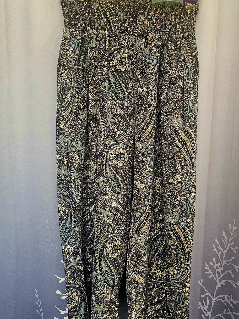 Paisley Print Flowy Pants With Elasticized- Blue, Gray, & Cream